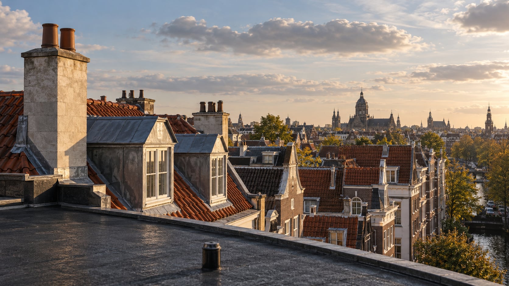 Sfeerbeeld van Amsterdamse dakhellingen in warm avondlicht